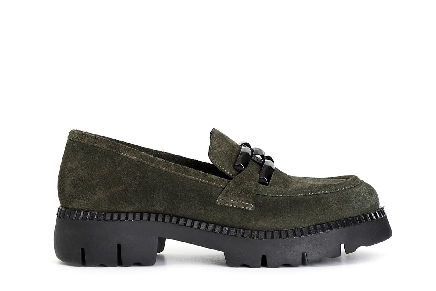 mocassino da donna in pelle scamosciata con morsetto verde