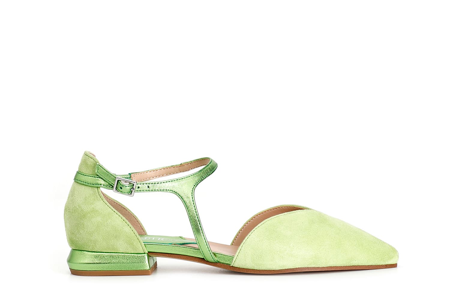 ballerine in pelle scamosciata con laccio laminato asimmetrico verde 38