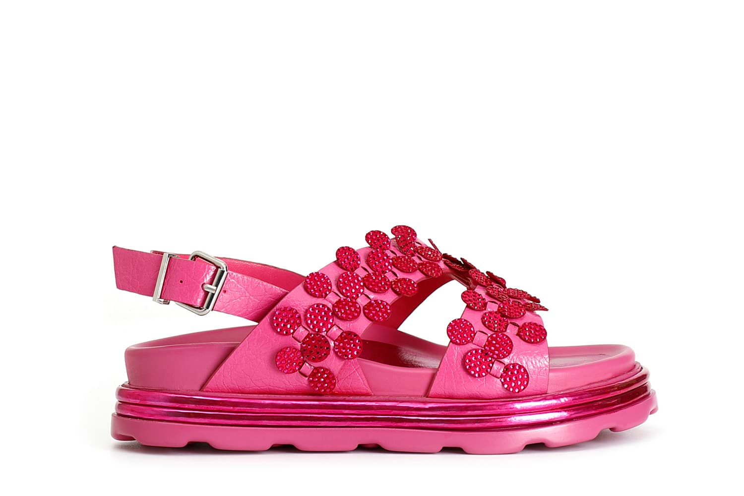 sandali asimmetrici con infilatura in microstrass fuxia