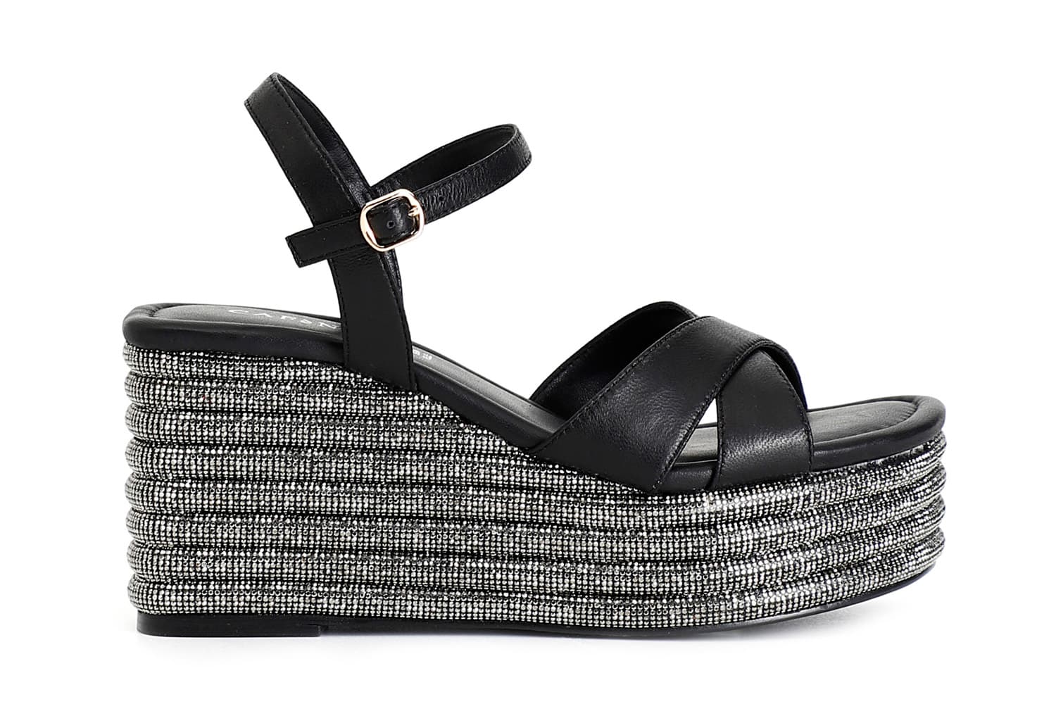 sandali incrocio in nappa con zeppa strass nero