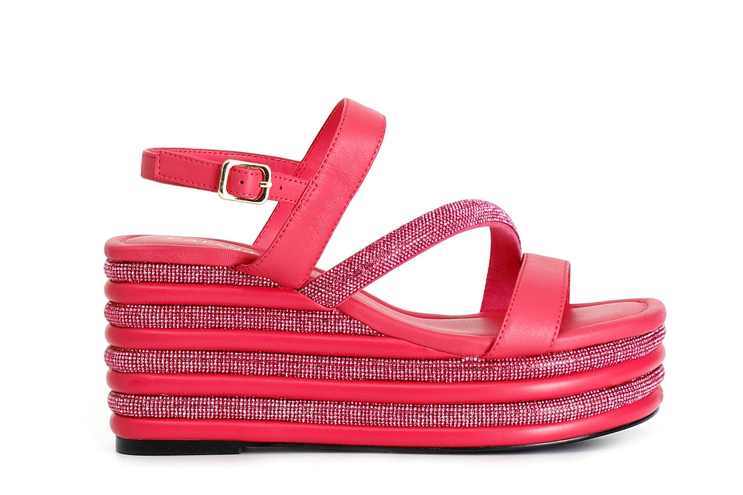 sandali asimmetrici strass e nappa con zeppa righe strass fuxia