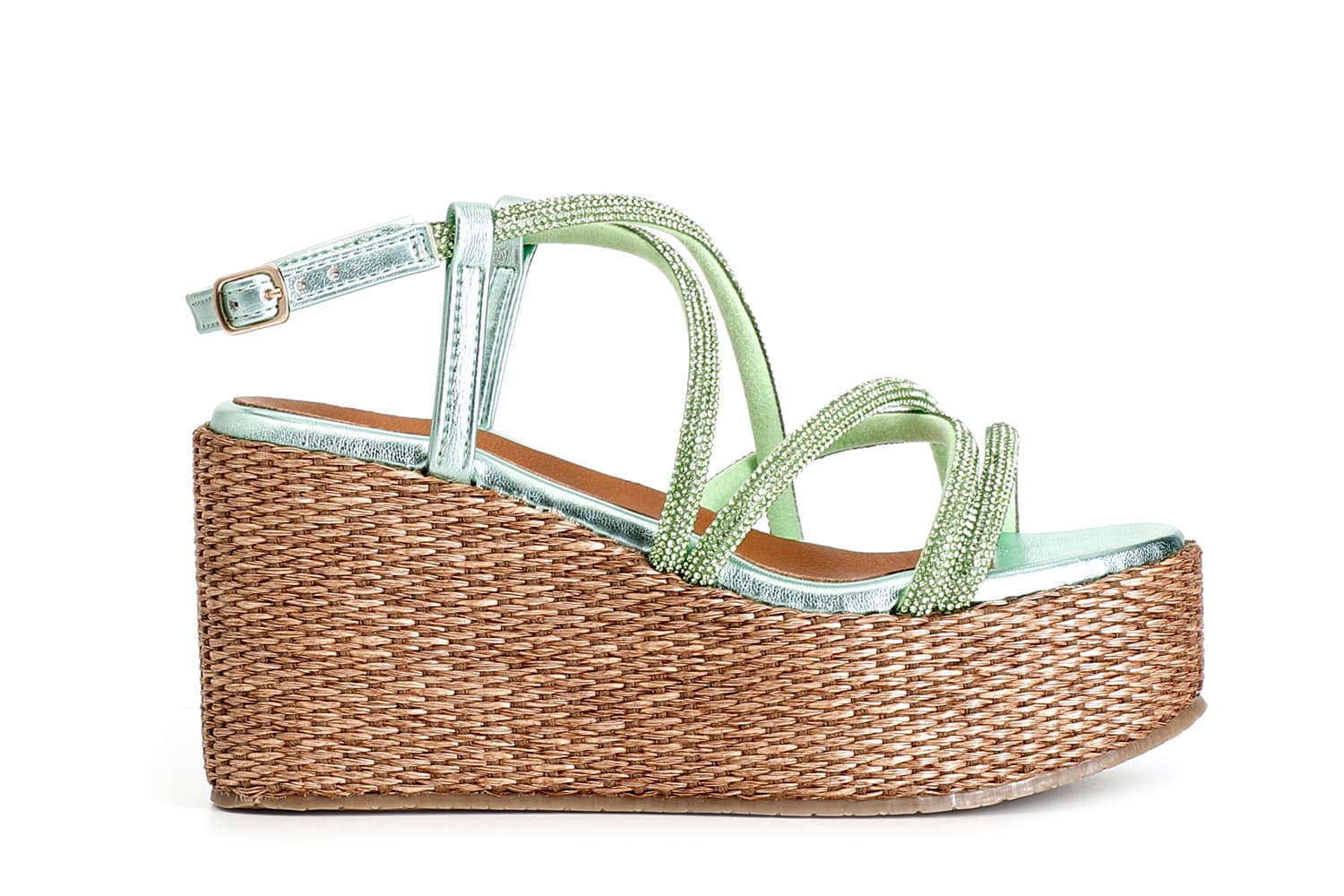 sandali con fasce incrocio strass su zeppa in rafia verde 41