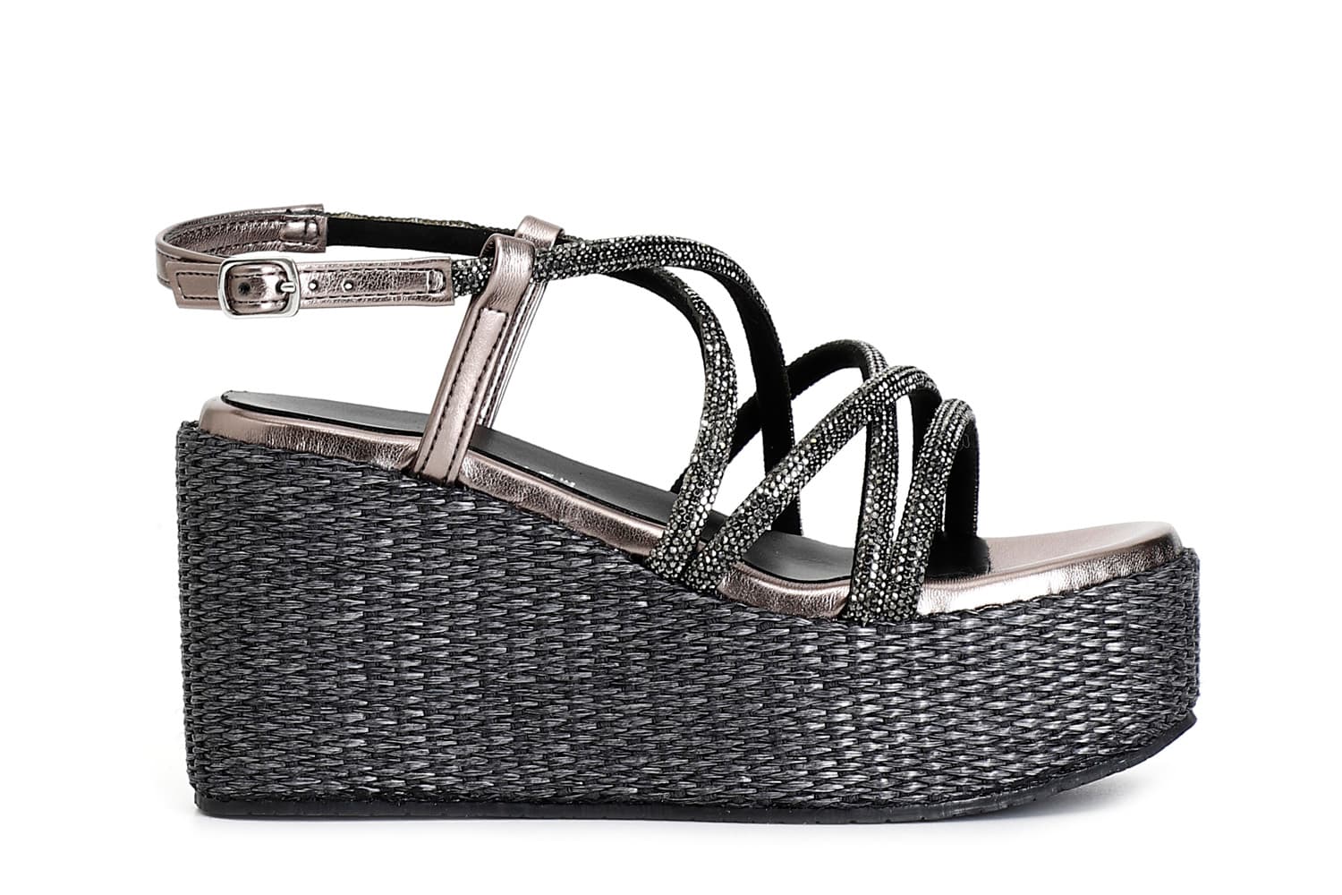 sandali con fasce incrocio strass su zeppa in rafia nero 37