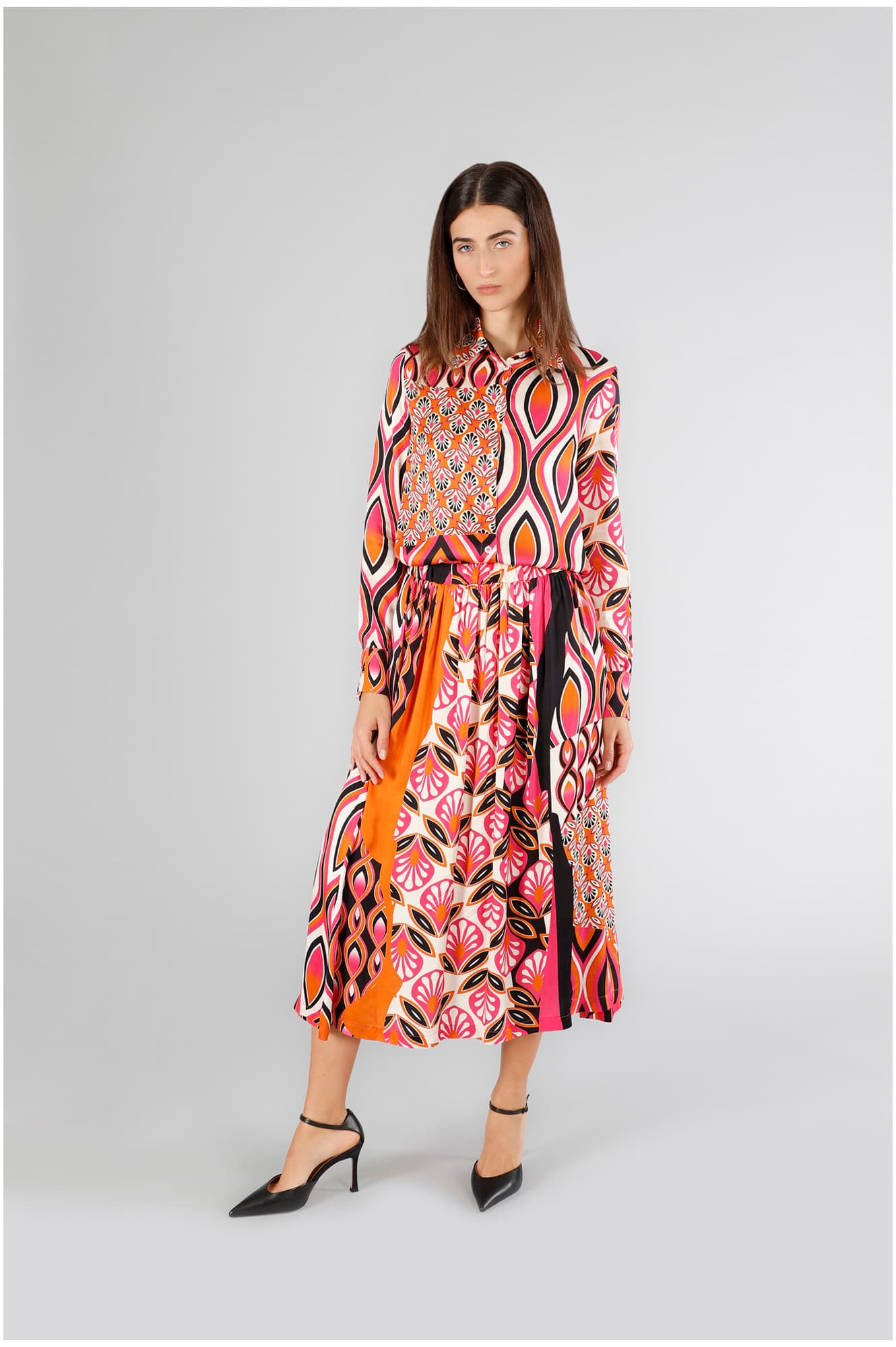 gonna a ruota in satin stampato foulard multicolors l