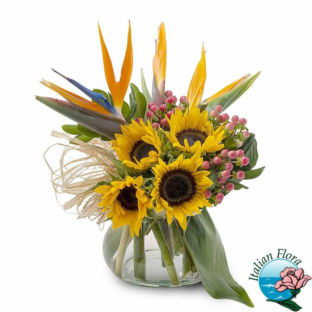 Bouquet misto di girasoli e sterlizie