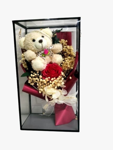 Elegante Confezione Regalo con Peluche, Fiore Stabilizzato e Decorazioni Pregiate