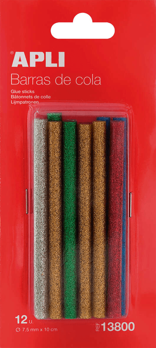 Stick adesivo hot melt di ricambio Apli - Ø75 mm x 10 cm - Colori assortiti con glitter - Precisione e pulizia - Compatibile con pistole da Ø75 mm -