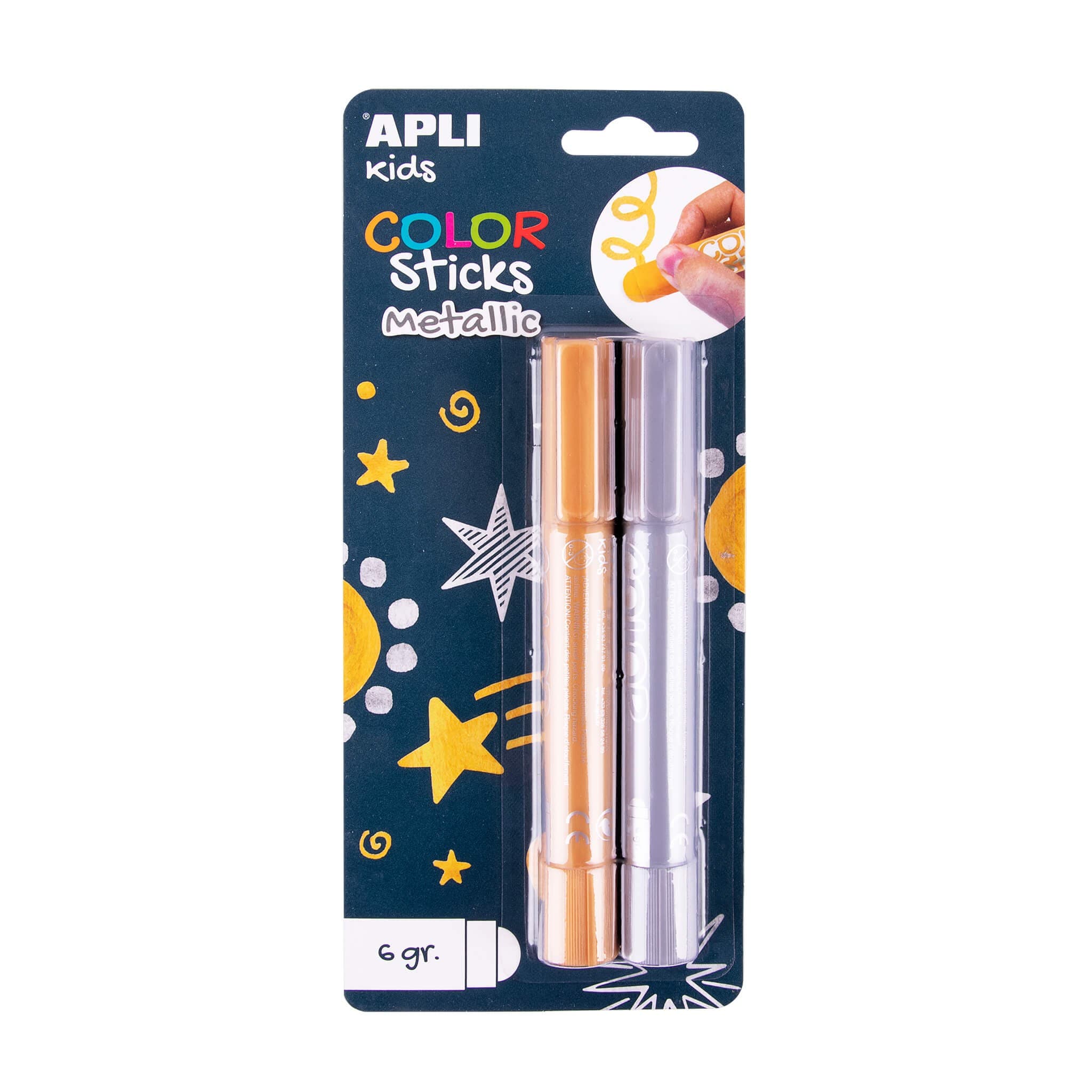 Apli Color Sticks Tempere Solide - Confezione da 2 Unità da 6g in Colori Metallici - Non macchiano Finitura Satinata Asciugatura Rapida - Effetto