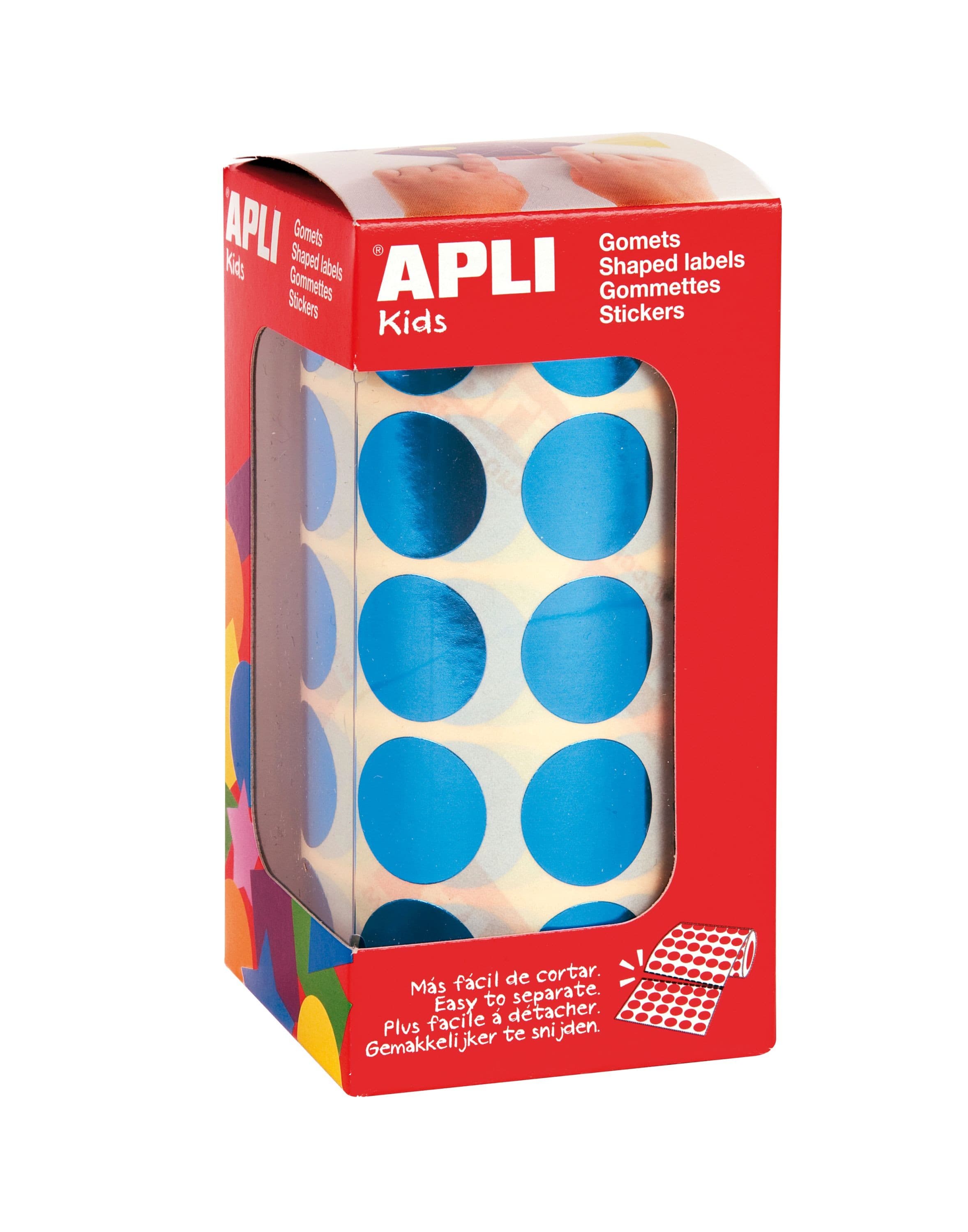 Apli Gomet Rotondi Blu Metallizzato Ø 20mm - 59 Fogli Pretagliati - 1770 Gomet per Rotolo - Ideale per Scuole e Laboratori per Bambini - Conforme