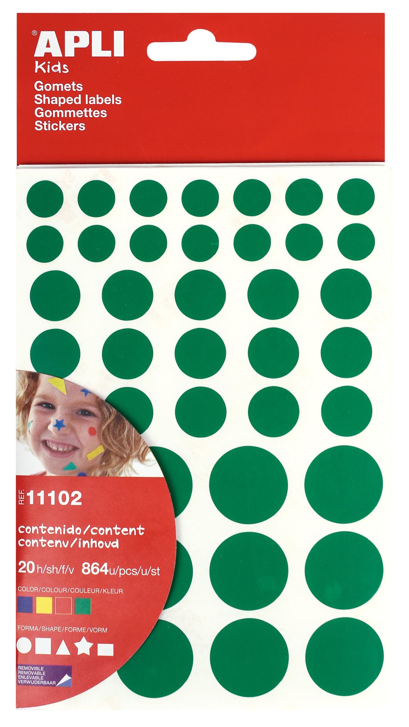 Adesivo rimovibile Apli Gomets - 864 Gomets per confezione - Diversi colori forme e dimensioni - Sviluppo delle competenze - Standard EN-71 e FSC