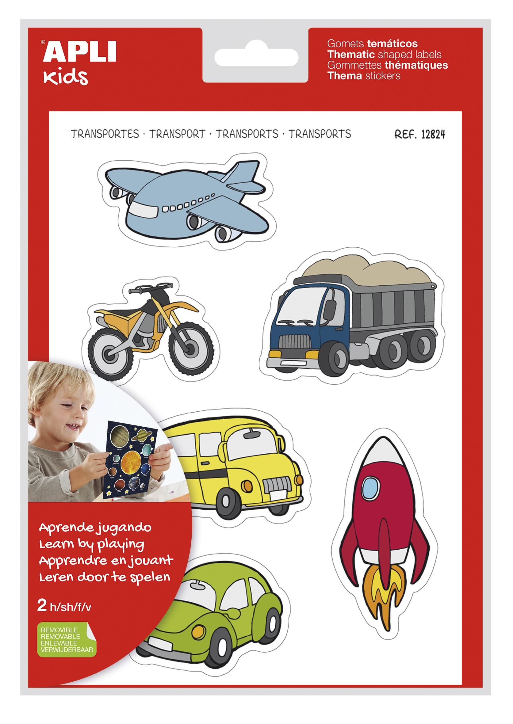 Apli Adesivi Tema Trasporti XL - 24 Adesivi su 2 Fogli A4 - Illustrazioni Mezzi di Trasporto - Adesivo Removibile - Taglia XL Senza Bordo - Adesivo a