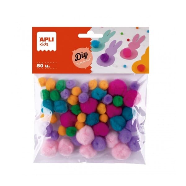 Apli Confezione da 50 pompon morbidi al tatto - Ideali per i lavoretti dei bambini - Stimolano la creatività - Colori assortiti