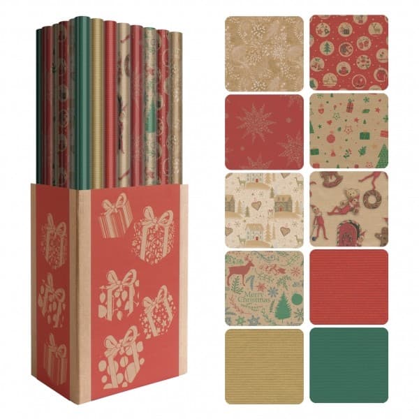 Dohe Christmas Kraft Gift Wrap Display da 50 rotoli - 10 design diversi - 5 rotoli per design - Misure del rotolo 070x2 m