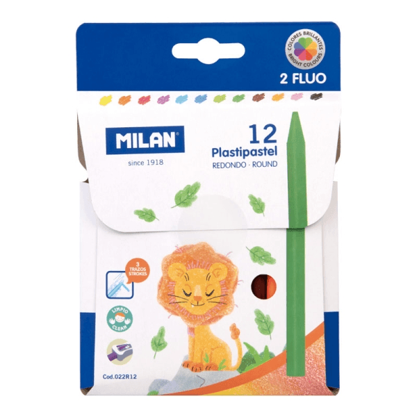 Confezione da 12 pastelli colorati rotondi Milan Plastipastel - Contiene 2 pastelli fluorescenti - Colori assortiti