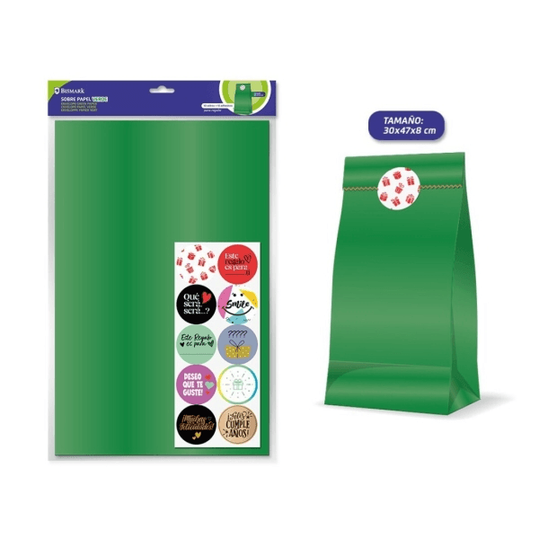 Confezione da 10 buste in carta kraft Bismark da 50 g/m² con 10 adesivi di chiusura - Dimensioni: 30x47x8 cm - Ideali per regali - Verde
