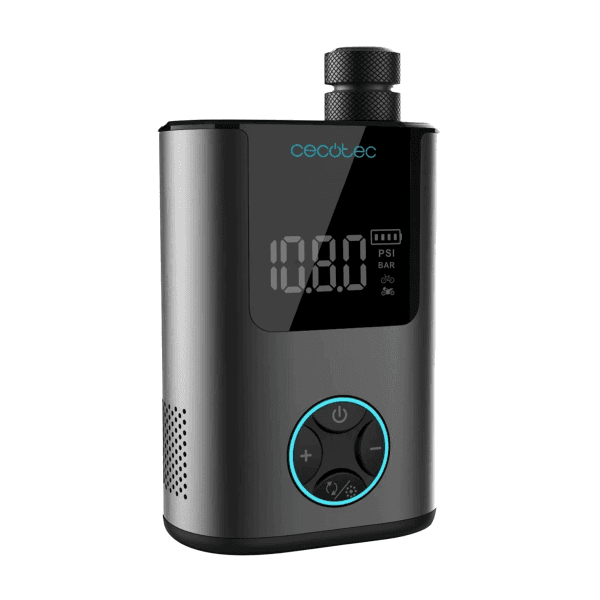 Cecotec Mini Air Max Gonfiatore per Pneumatici - Pressione fino a 150 psi - Doppia batteria da 600 mAh - 4 Ugelli Adattabili - Schermo LCD con