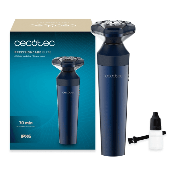 Rasoio rotante Cecotec PrecisionCare Elite - Autonomia fino a 70 minuti - 7200 giri/min - IPX6 - Ergonomico - Lame in acciaio inossidabile - Blu navy