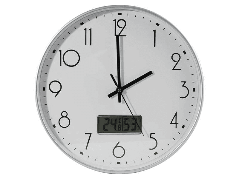 Orologio da ufficio bianco Bismark con digitale - Numeri neri - Vetro esterno - Lancette in alluminio - Indicatore digitale di temperatura e umidità