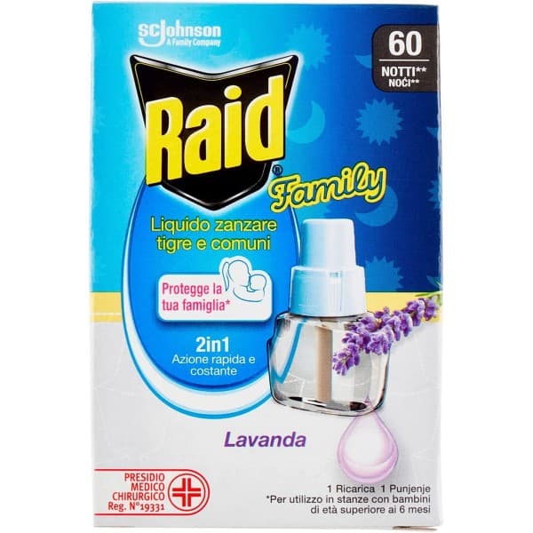RAID LIQUIDO ELETTRODIFFUSORE FAMILY RICARICA 60 NOTTI PER ZANZARE E ZANZARE TIGRI PROFUMO DI LAVANDA