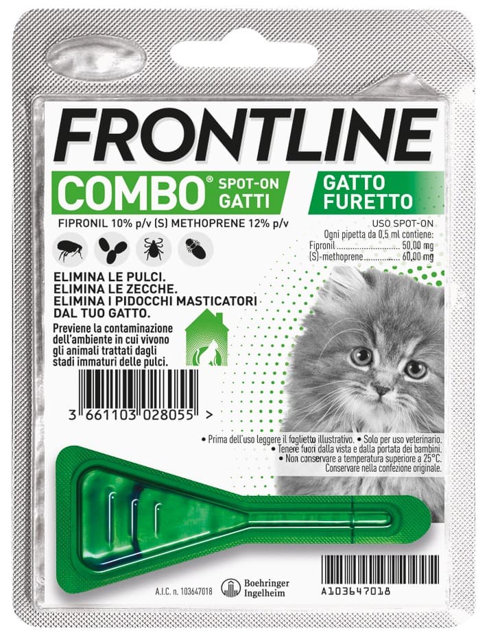Frontline Combo Gatti x1 Pipetta, Antiparassitario per Gatti, Gattini e Furetti, Contro Pulci, Zecche, Uova, Larve e Pidocchi