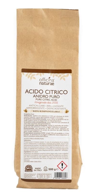 Officina Naturae Acido Citrico Anidro Puro Anticalcare Brillantante Ammorbidente Disincrostante 500 Grammi