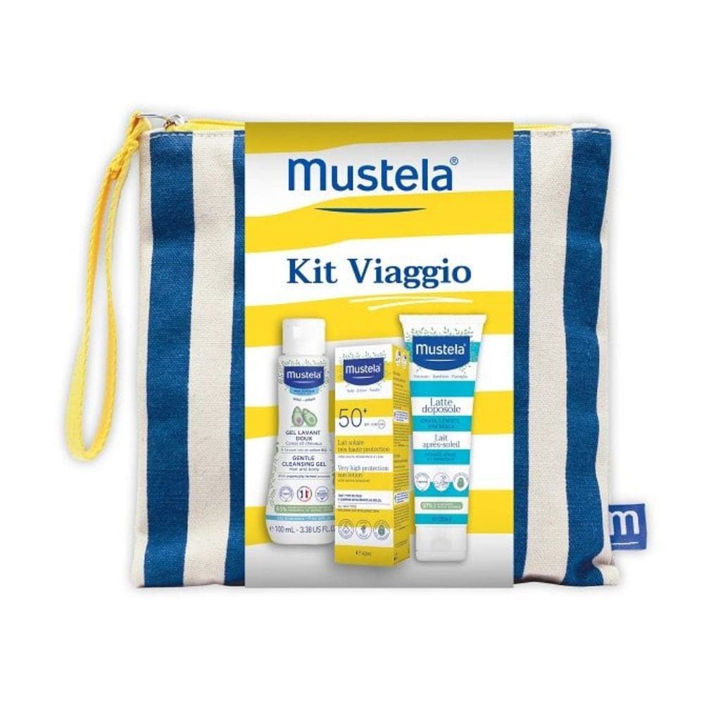 Mustela Kit Viaggio Cofanetto con Detergente Delicato 100ml + Latte Solare SPF50+ 40ml + Latte Doposole 100ml