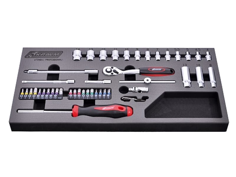 Set 45 bussole e inserti Kravm con cricchetto a 72 denti, attacco 1/4"