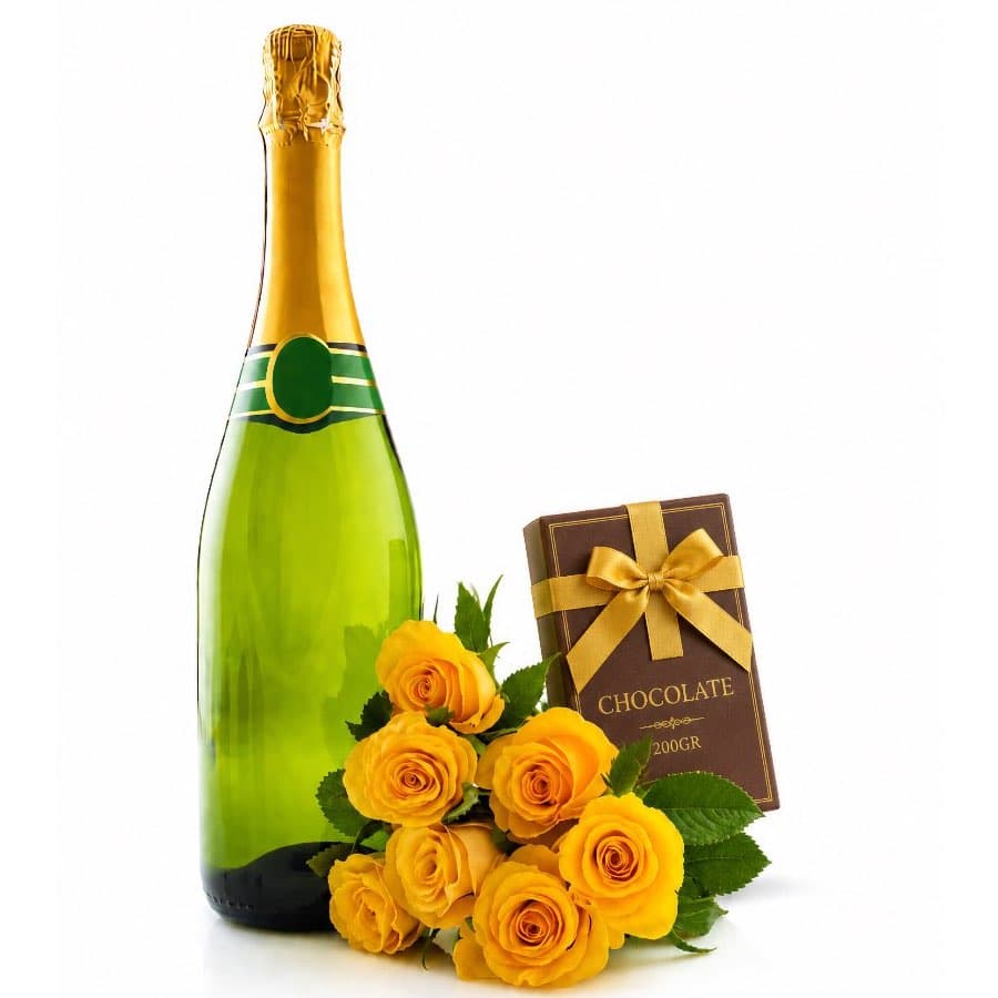 rosas amarillas y vino espumoso