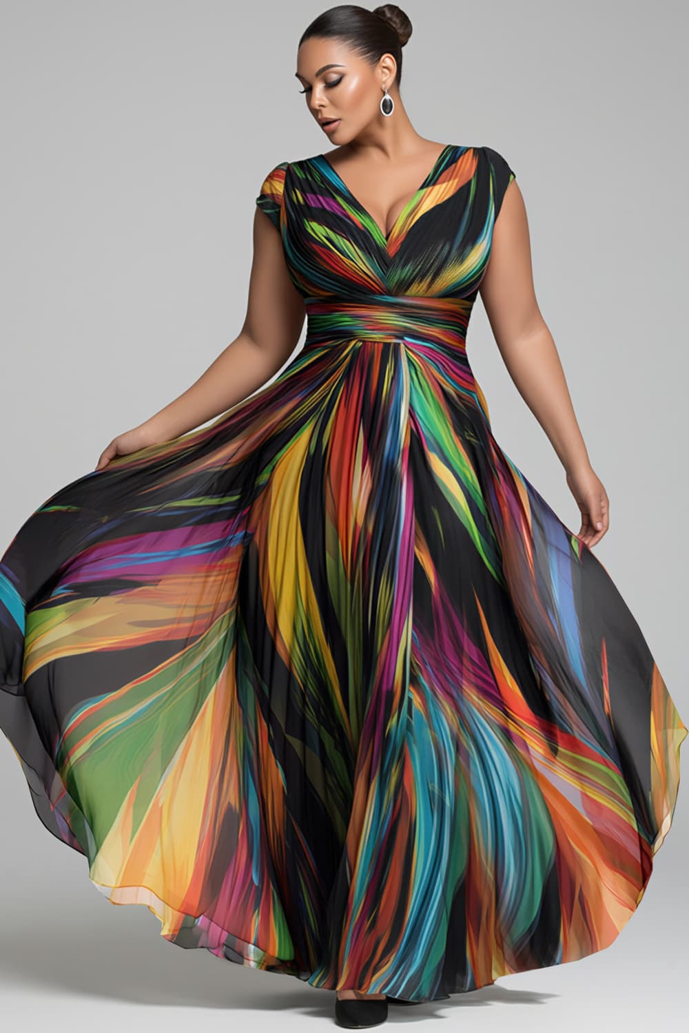 Xpluswear Design Plus Size Formal Elegant Multicolor Colorblock V Neck Short Sleeve Chiffon Maxi Dresses Multicolor-XL/14-16