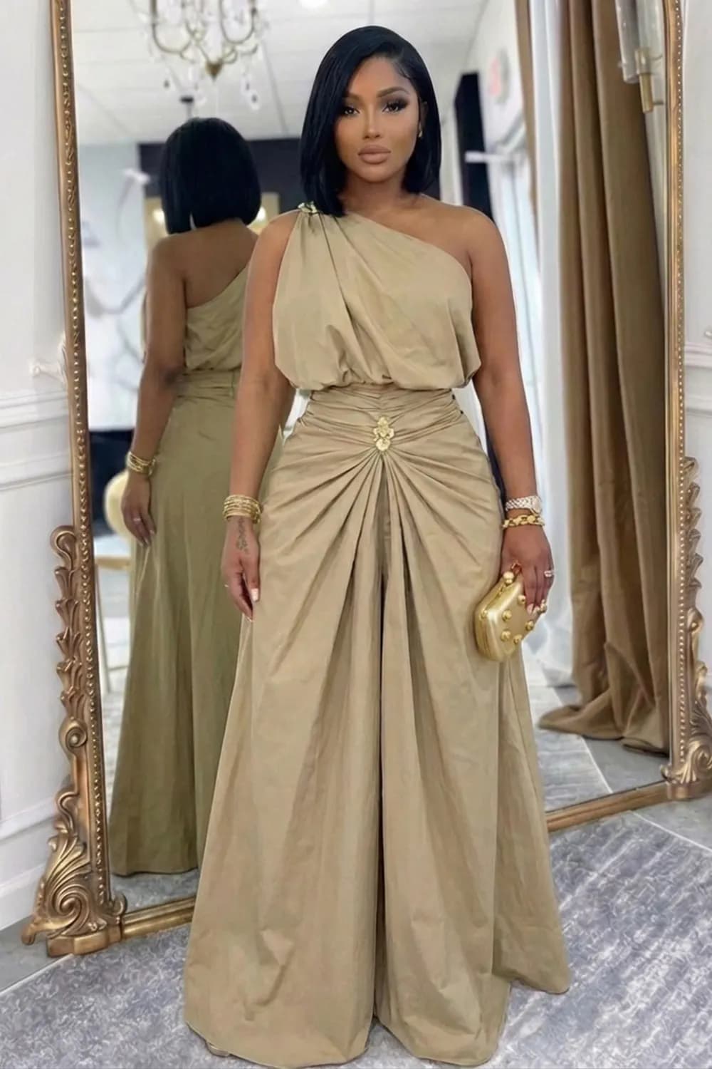 One Shoulder Sleeveless Crop Top Ruched Maxi Skirt 2pcs Set-Khaki