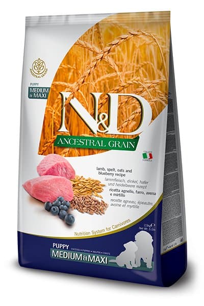 N&D Puppy Agnello e Mirtillo Medium Maxi ancestral crocchette cucciolo Formato 2,5 Kg