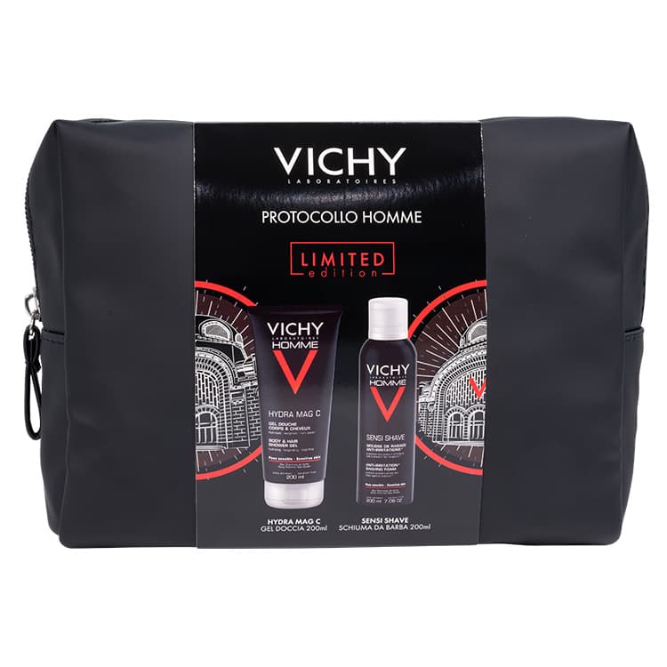 Vichy Cofanetto Pochette Regalo Uomo con Hydra Mag C Gel Doccia 200ml + Sensi Shave Schiuma da Barba 200ml - Idea Regalo Uomo