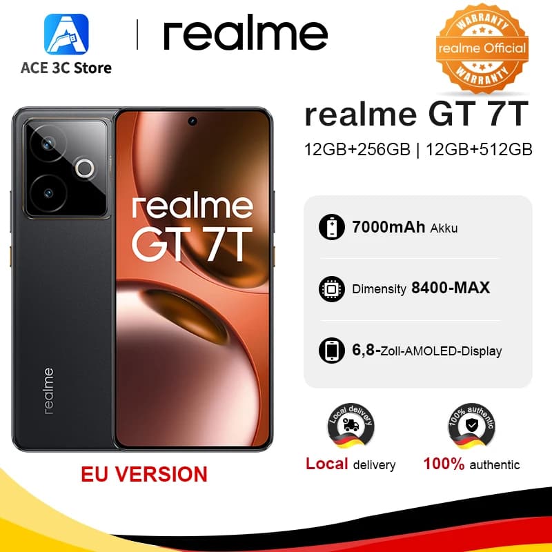 Versione europea dello smartphone realme GT 7T 5G con IA, processore MTK Dimensity 8400, display AMOLED da 6,8 pollici, batteria da 7000 mAh e