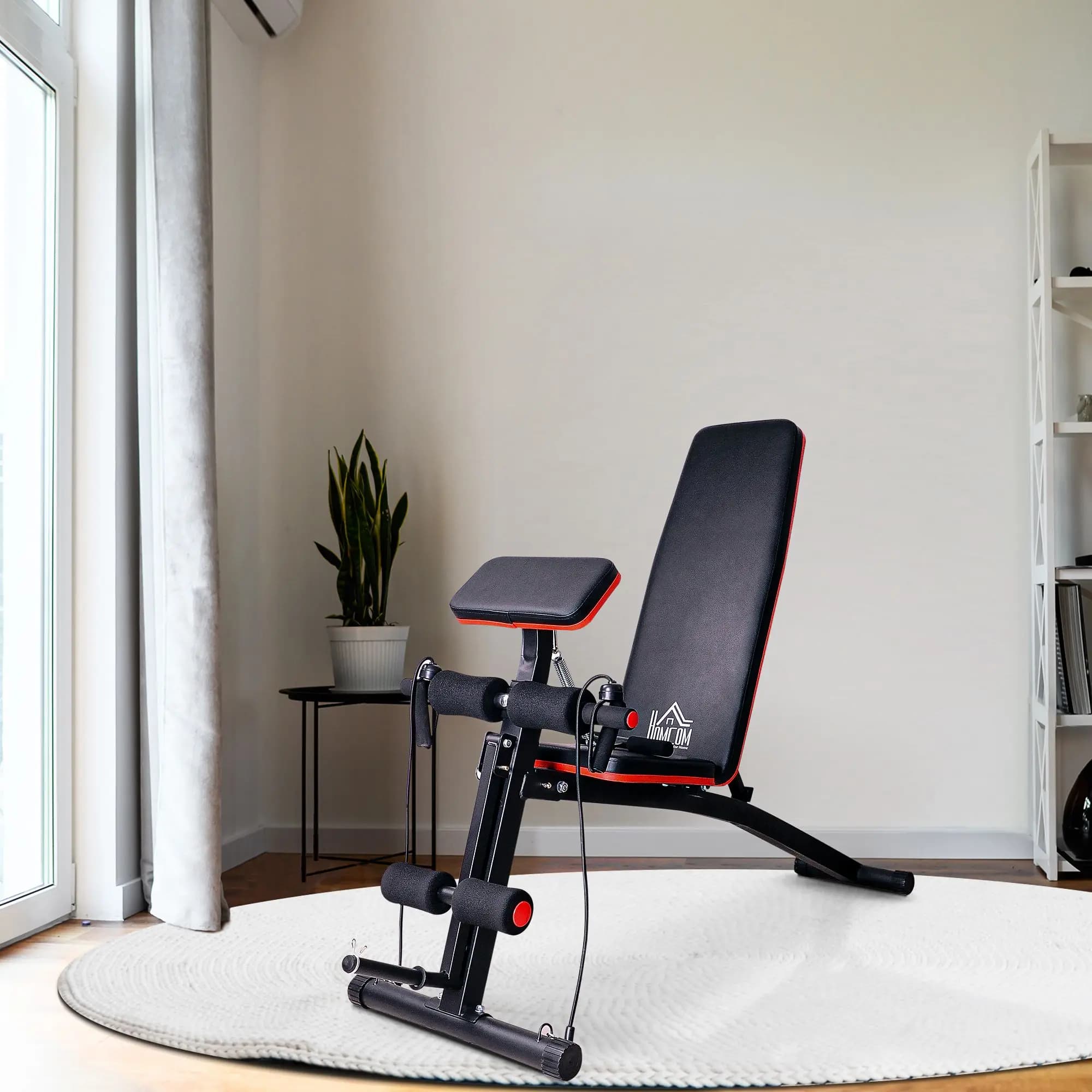 HOMCOM Panca Palestra Pieghevole, Panca Addominali Multifunzione Inclinabile con Schienale Regolabile a 7 Livelli, Macchina Leg Extension, Cuscinetto,