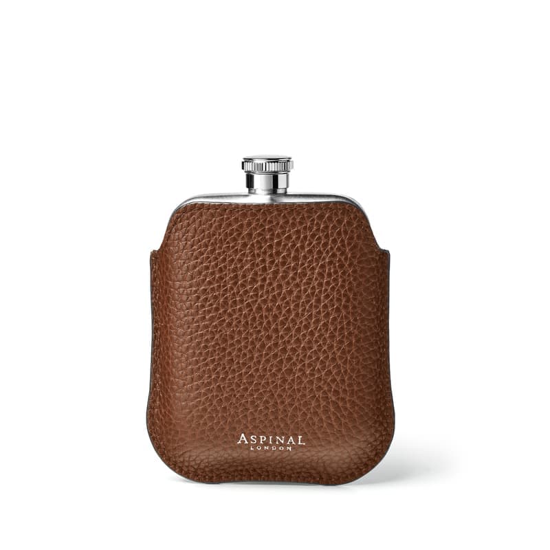 Aspinal of London 5oz Hip Flask with Leather Pouch in Tobacco Pebble