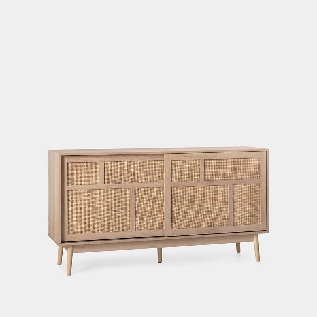 Credenza con porta scorrevole in legno naturale e rattan naturale Ikigai