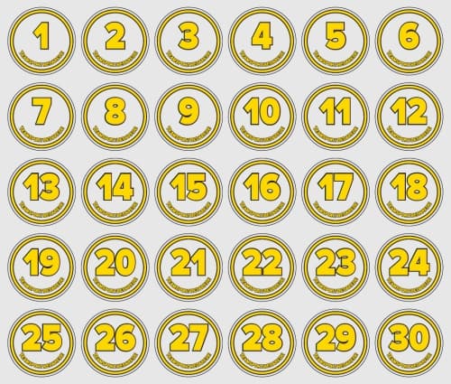 Números adesivos para garrafas de bebida - conjunto (1-30) na lateral
