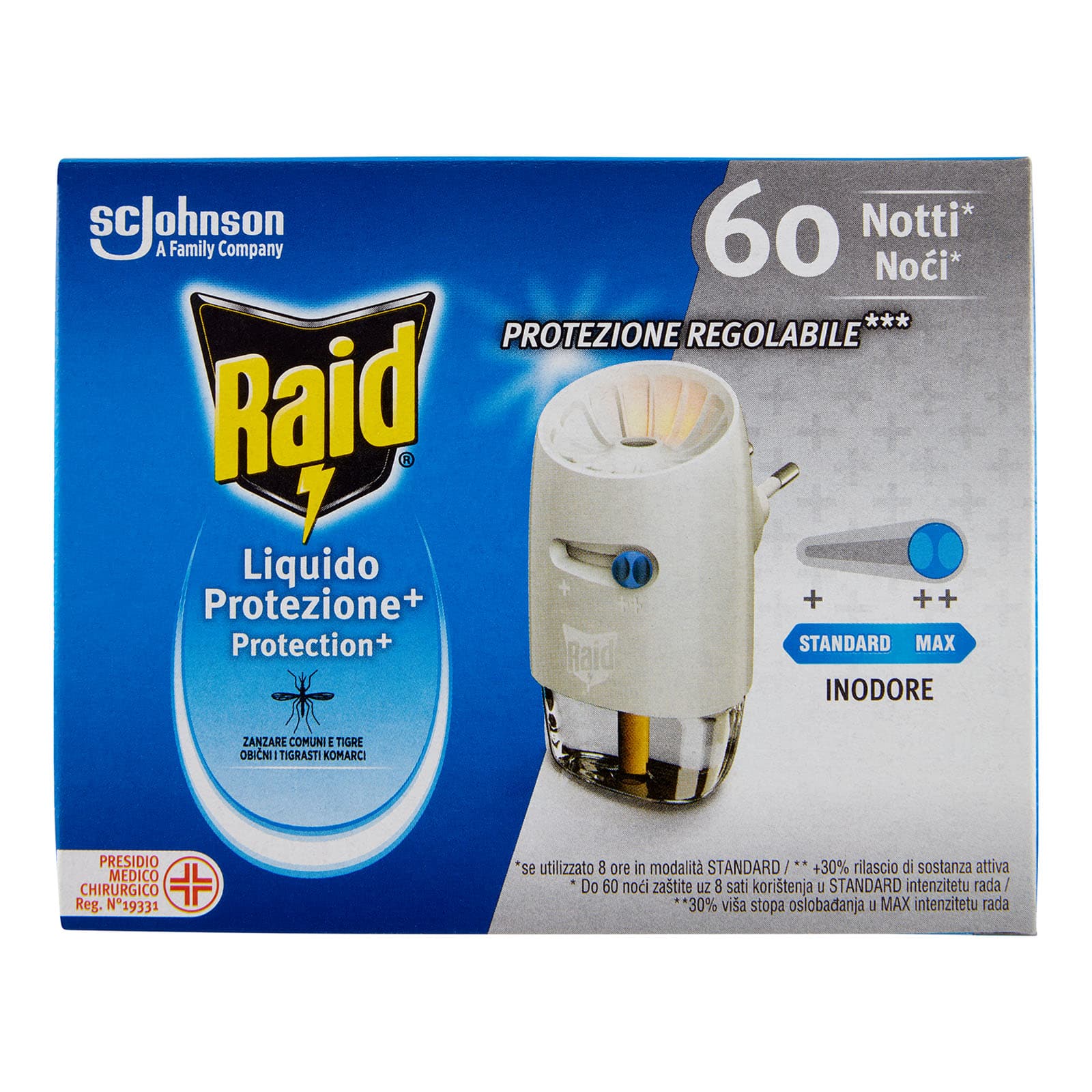 Raid Liquido Elettrico Protezione+ Antizanzare, Inodore, 60 Notti, 1 Diffusore E 1 Ricarica 36 ml