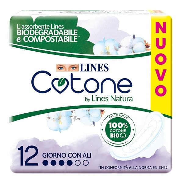 Lines Cotone Bio Ultra Ali Assorbenti con Ali 100% Cotone Biologico 12 Pezzi - Lines