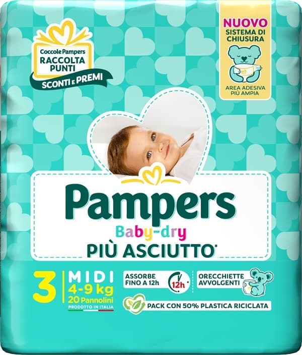 Pampers Baby Dry Pannolino Downcount Taglia 3 Midi 4-9 kg 20 Pezzi - Pampers