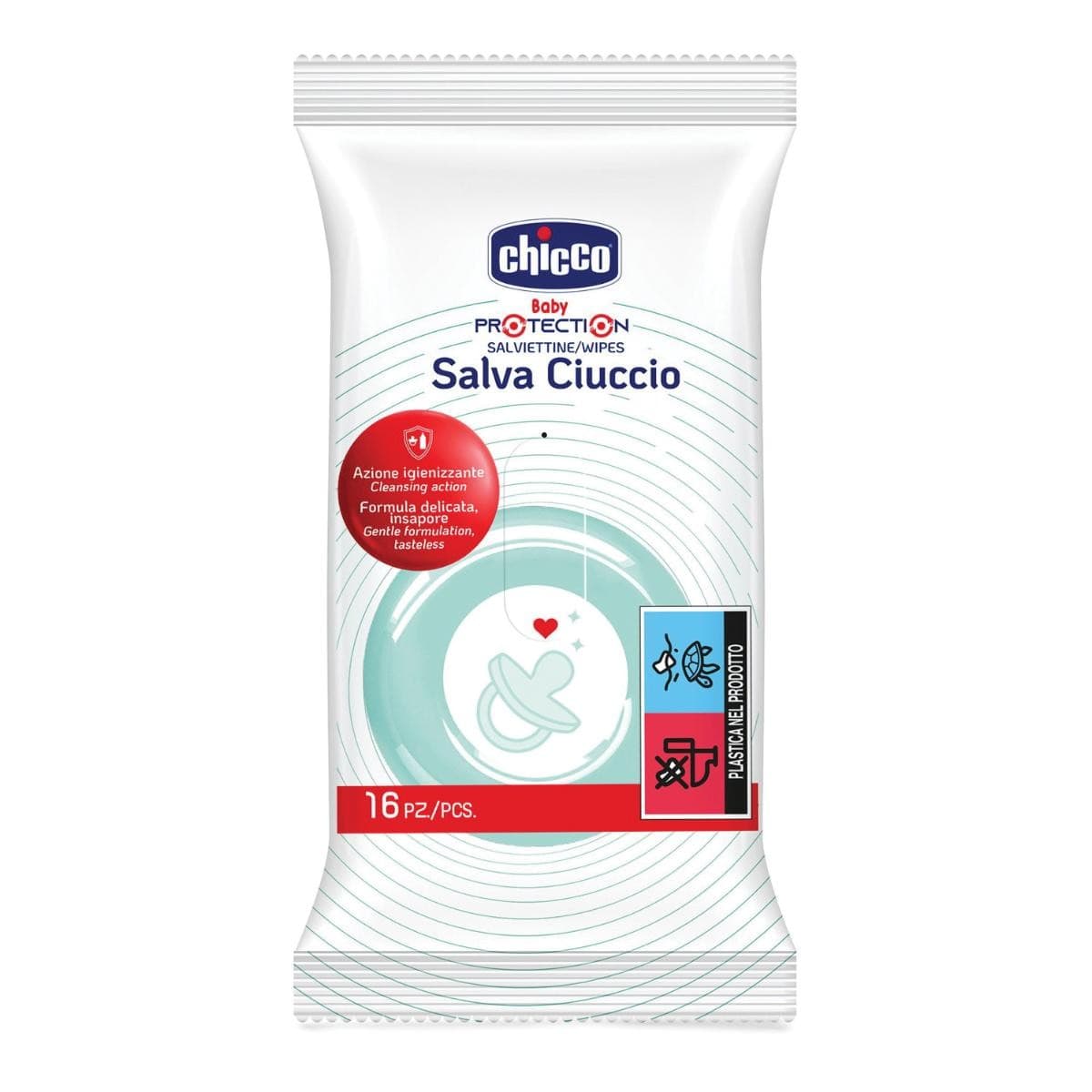 Chicco Salva Ciuccio Salviettine Igienizzanti Formula Delicata, 16 Salviette