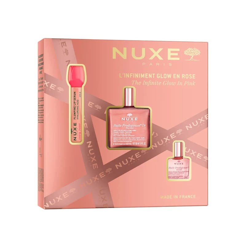 Nuxe Cofanetto di Natale 2025 Luminosità infinita in rosa - Olio Prodigioso Oro Floreale + Olio Prodigioso Floreale + Siero labbra rimpolpante