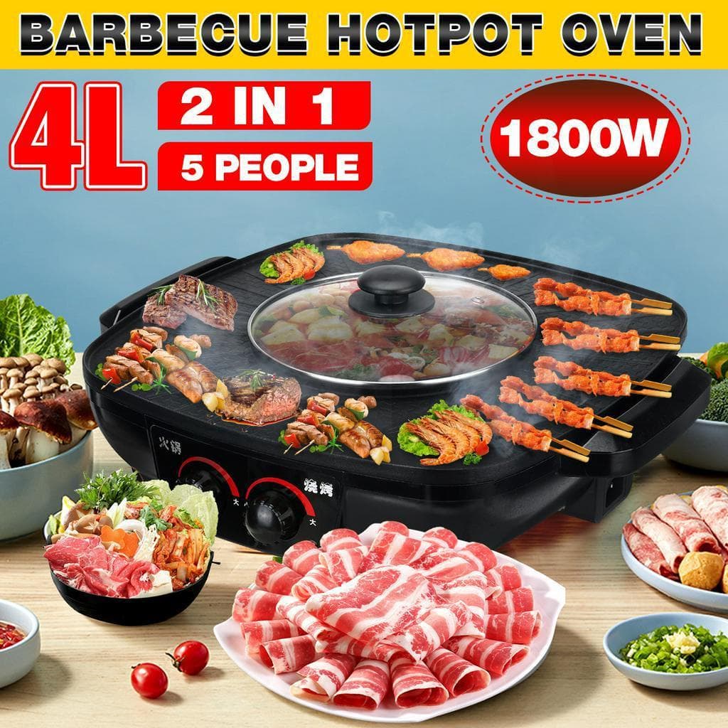 1800W 2 IN 1 Barbecue Hot Pot Piastre Elettriche Griglie Elettriche Pentola 220V Antiaderente Piastra per Barbecue Casa Hotpot Piastra da Forno Casa H
