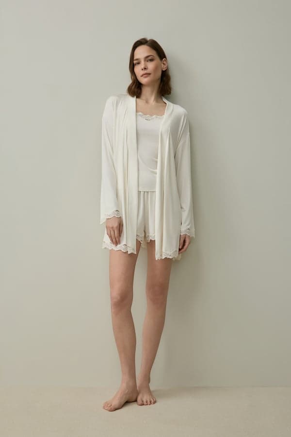 LILYSILK Donna Vestaglia Jersey Silk Breeze Elegante Pizzo Giglio Bianco XS