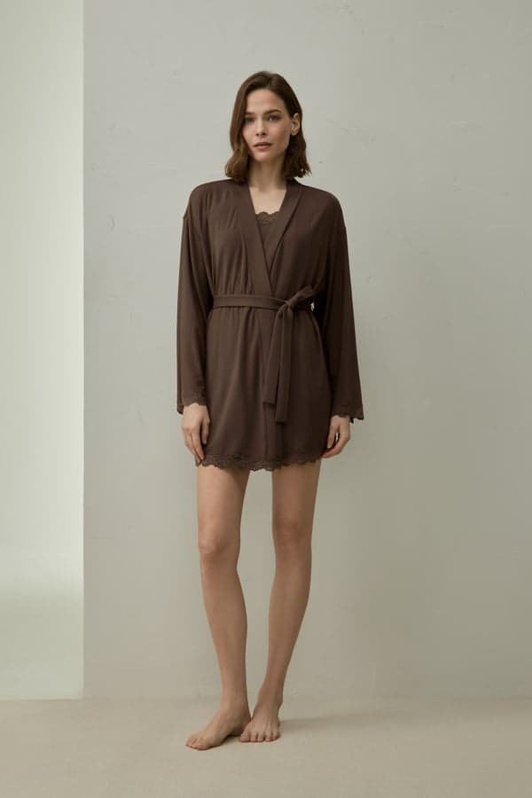 LILYSILK Vestaglia Donna Jersey Silk Breeze Pizzo Chicco di Caffè M