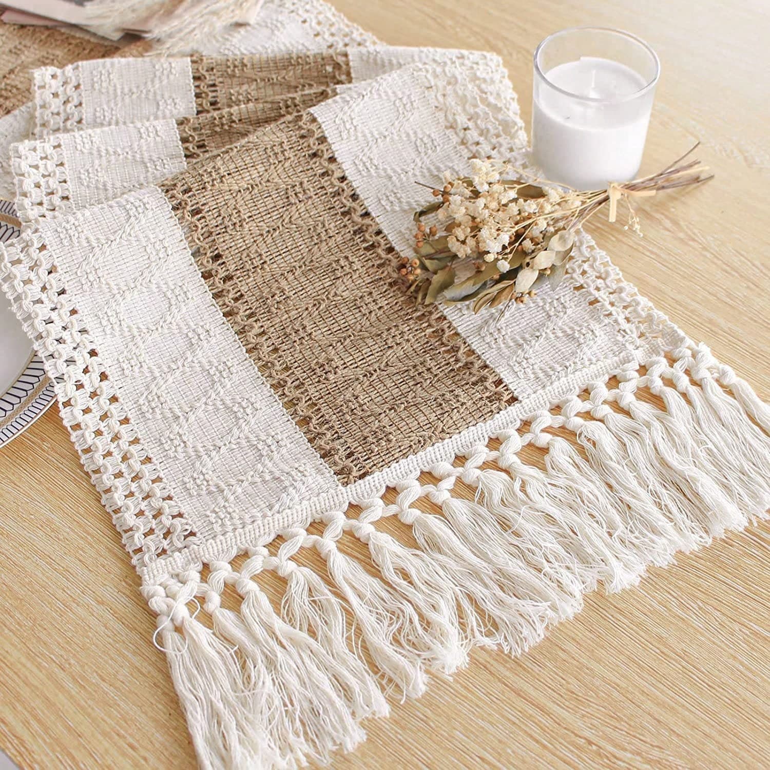 1 pezzo Tovaglia all'uncinetto fatta a mano con nappe - elegante crema e marrone, perfetta per cena e camera da letto - decorazione bohémien casa di