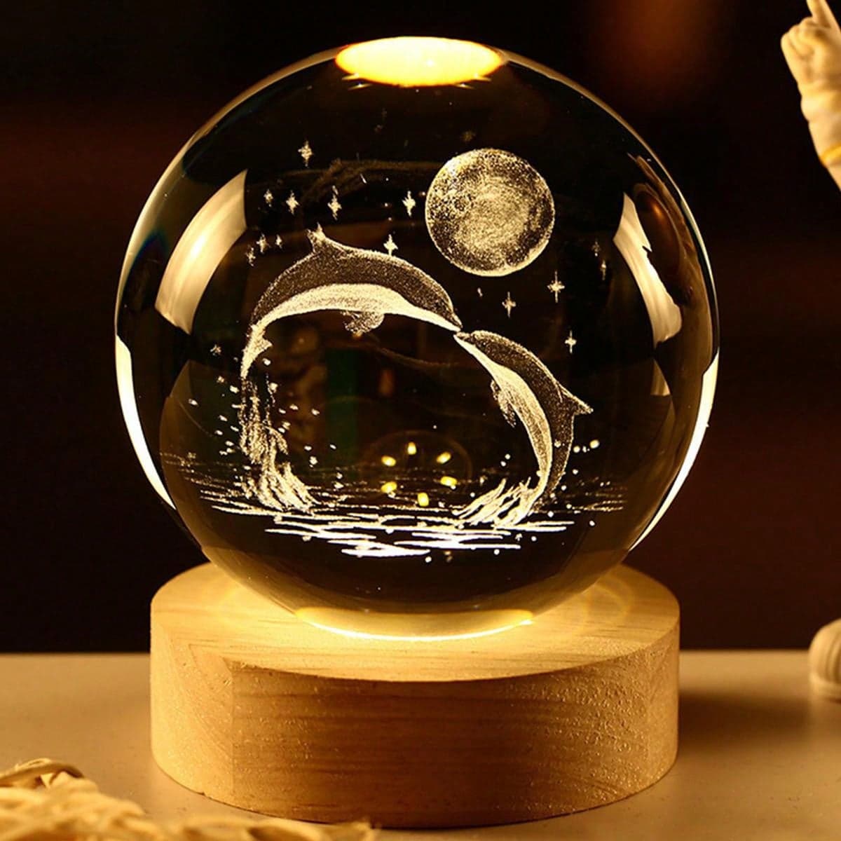 1 pezzo Luce notturna a di cristallo 3D alimentata tramite USB con base in legno, lampada da notte per decorazione domestica e per stanza, motivo
