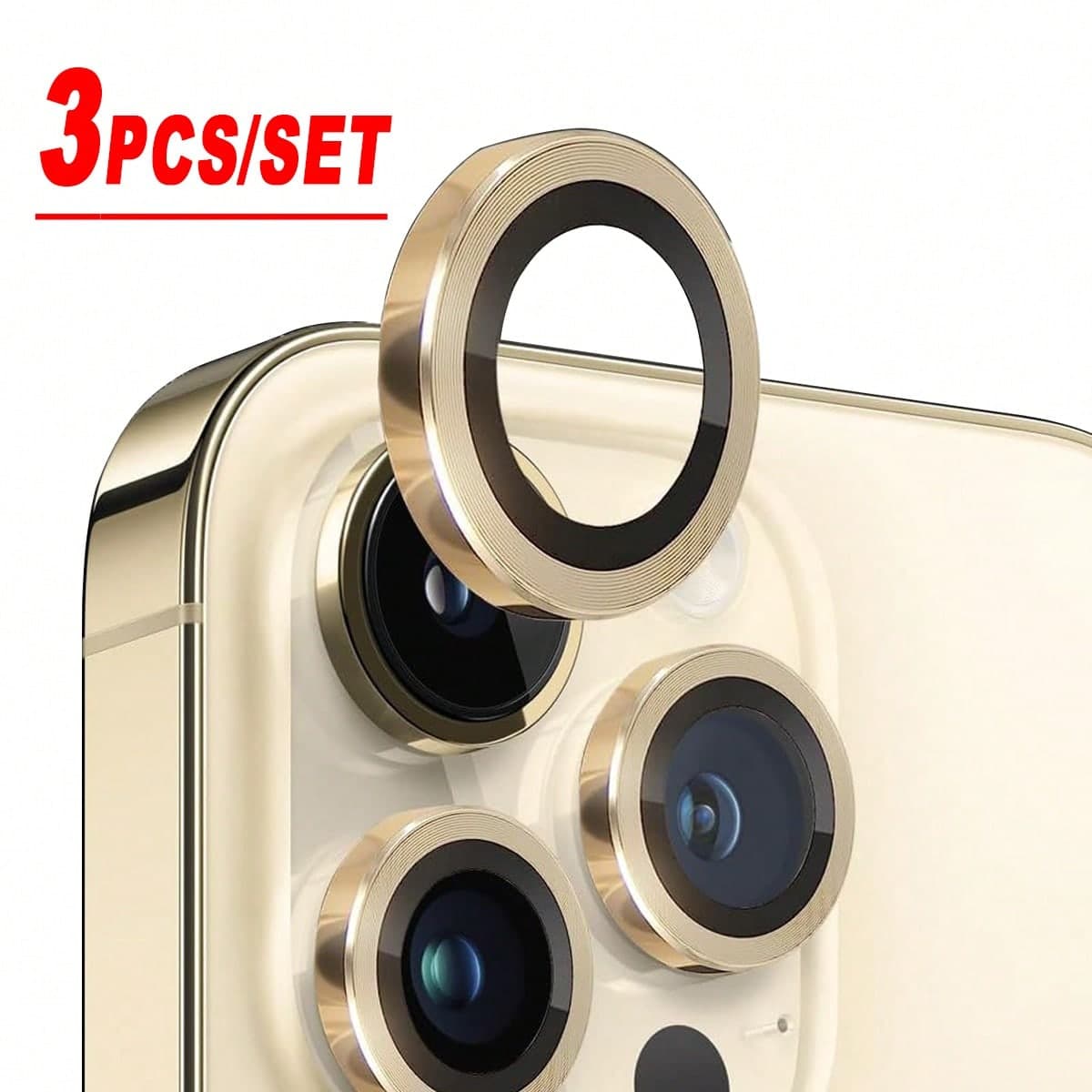 3 pezzi Pellicola protettiva in metallo dorato per obiettivo fotocamera, perfettamente adatta, copertura circolare per obiettivo posteriore della
