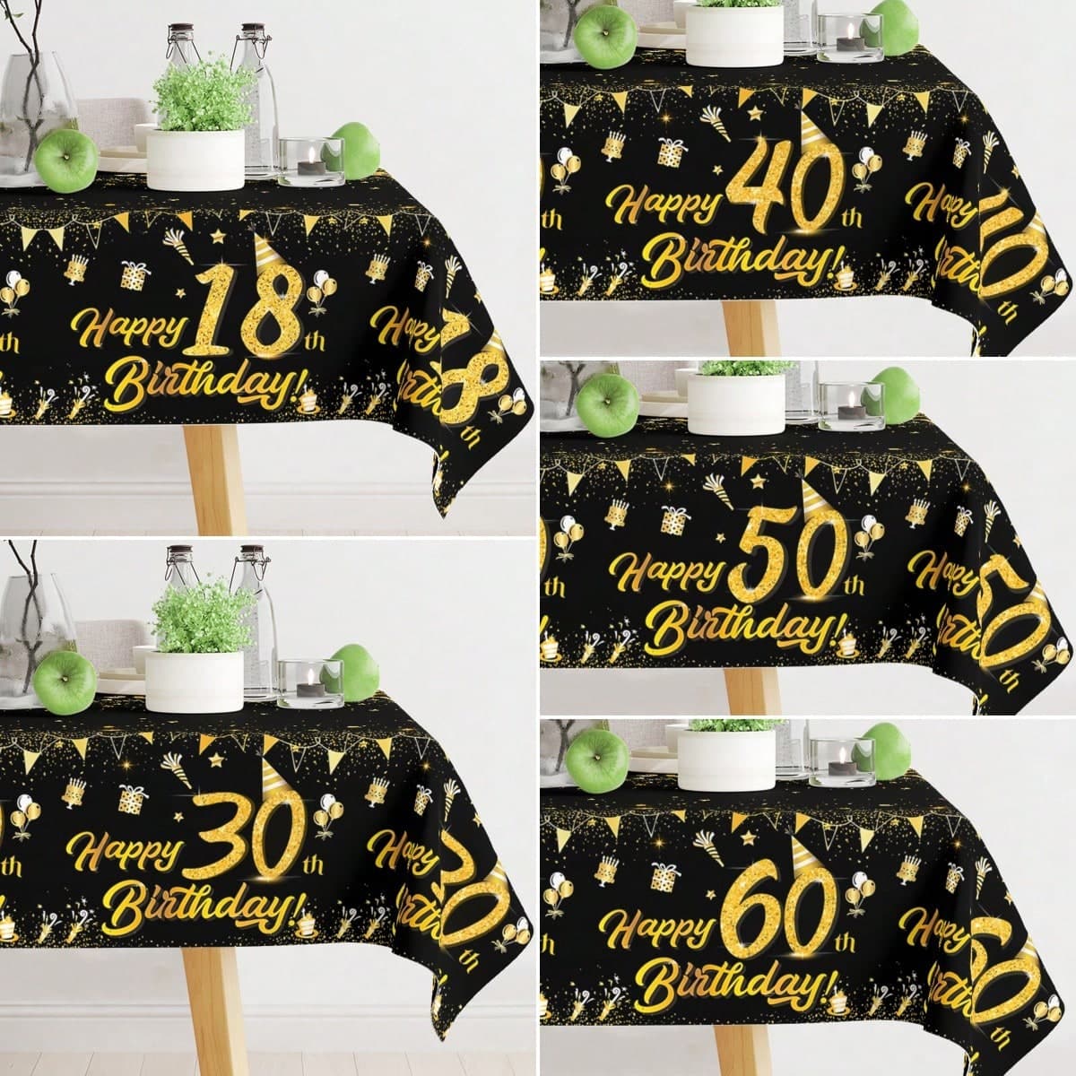 1 pezzo Tovaglia rettangolare monouso nera e oro, adatta per feste di compleanno 18°, 30°, 40°, 50°, 60°, decorazione perfetta per feste di