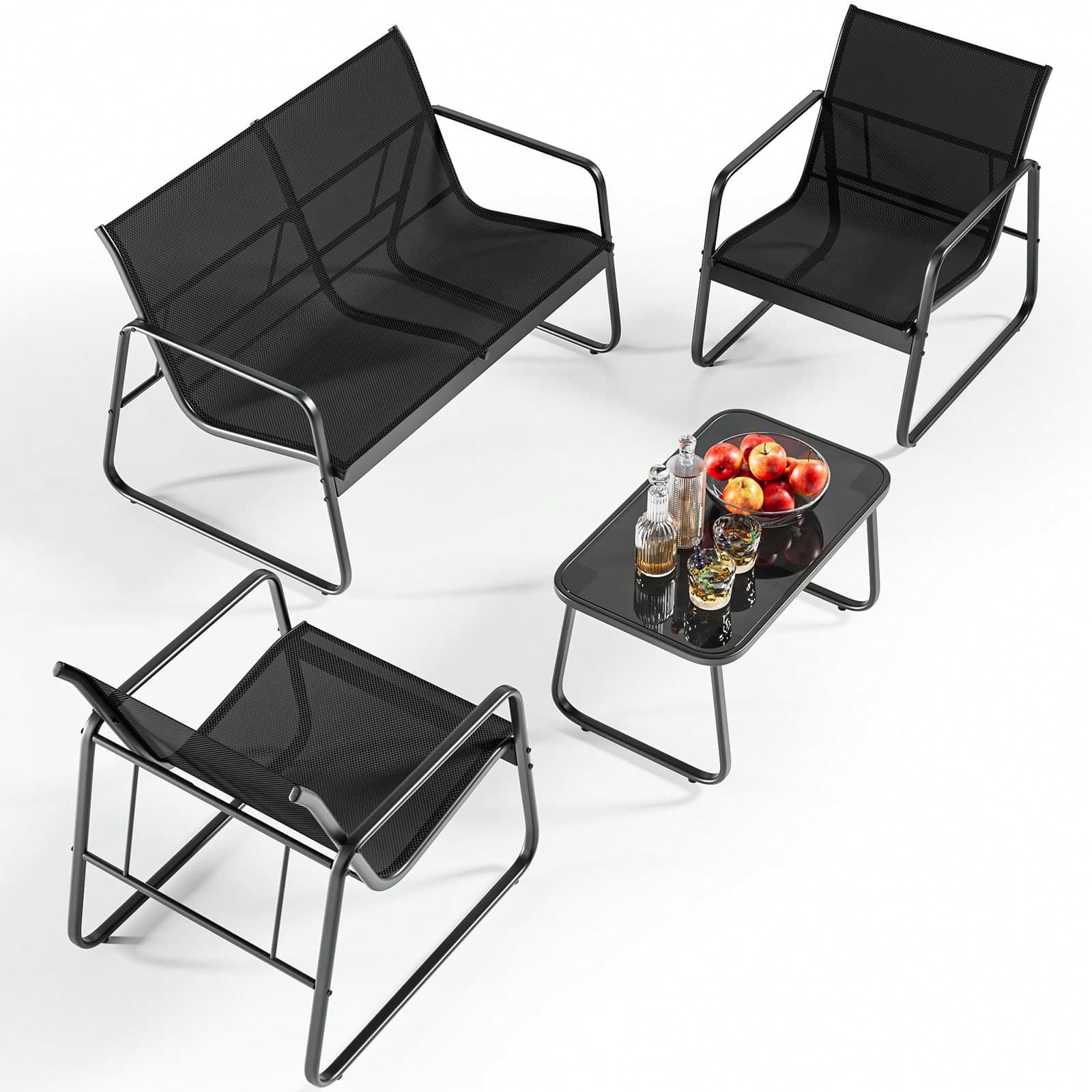 Set tavolo e sedie da esterno da 4 pezzi, mobili da giardino con divano doppio e 2 sedie singole, tavolo da bistrot e set di sedie per giardino,